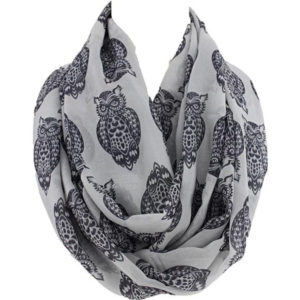 Grey Owl Pattern Infinity Scarf Circle Loop Scarf